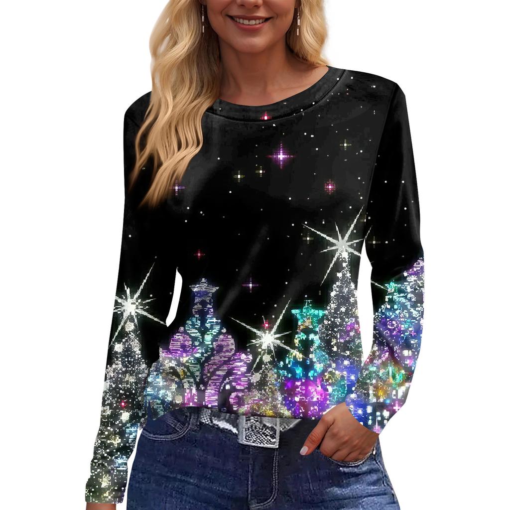 Women's Fashion Casual Slit Hem Round Neck Long Sleeve Loose  Printed T-Shirt Ladies Top