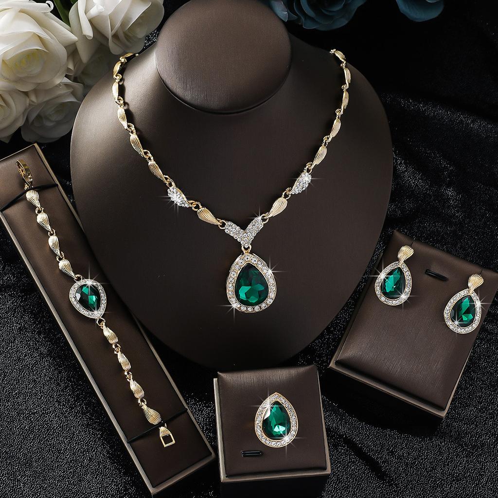 Foreign Trade Trend Exaggerated Droplet Gemstone Necklace Earrings Bracelet Ring Alloy Four Piece Set Bridal Banquet Jewelry
