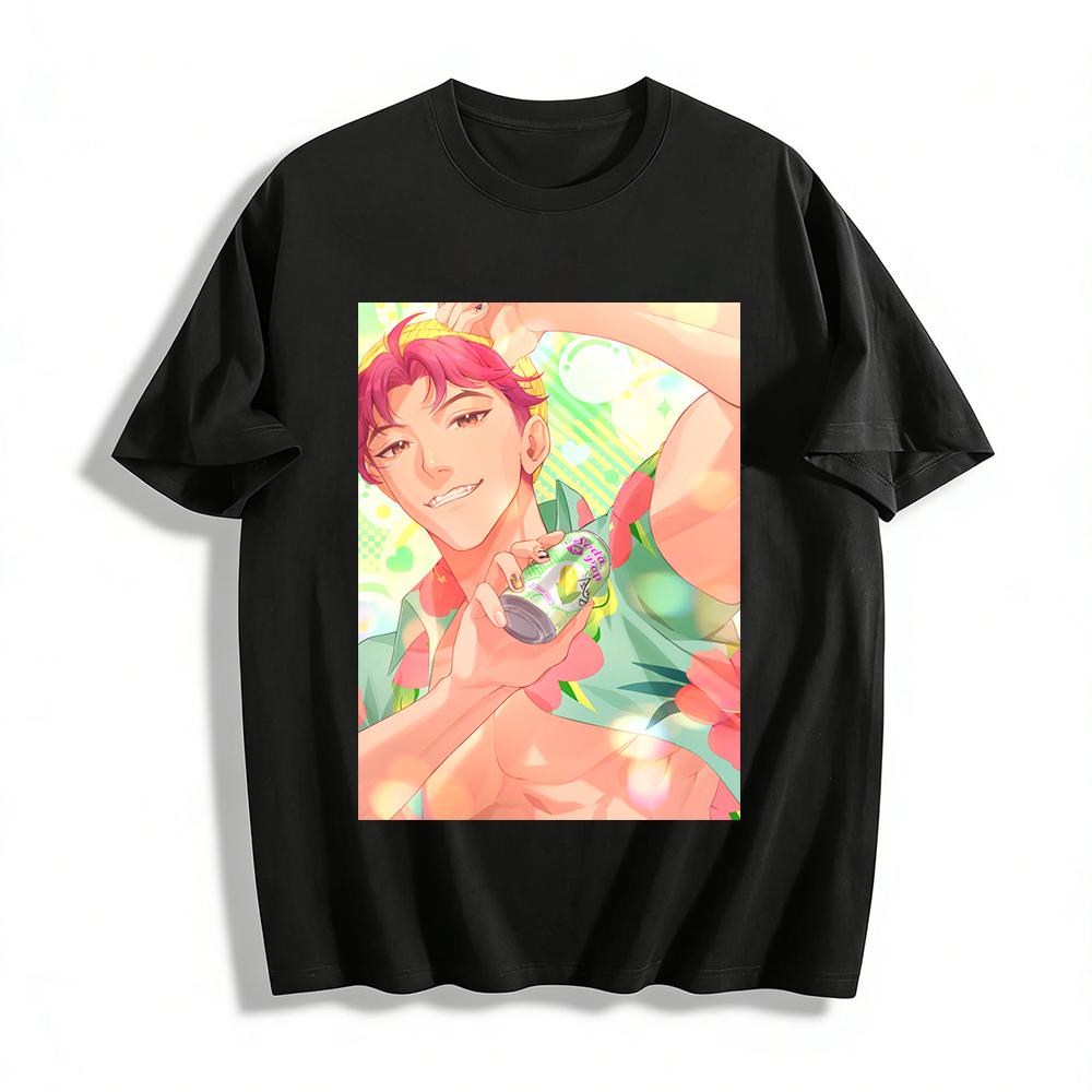 

Summer Vacation Style Pink-haired Guy Print T-shirt Loose Breathable Unisex Casual Top Pure cotton T-shirt XXS