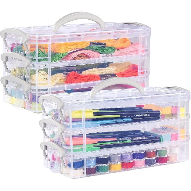 Clear Plastic Pencil Box, 2 x 3 Tier Stackable Table Pen Box, Home Storage Container with Handle, Storage B with Lids, Pencil Case Stationery