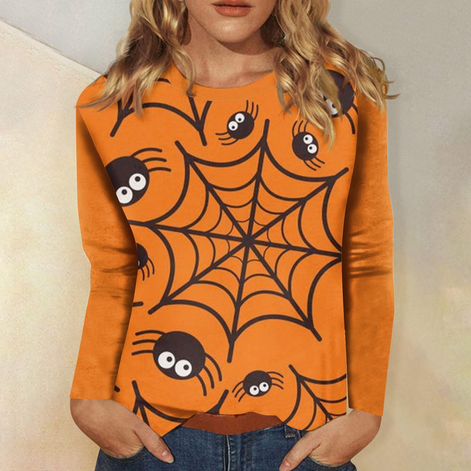 

Женский Хэллоуин с принтом, круглым вырезом и длинными рукавами, свободный крой, повседневный топ с длинными рукавами и длинными рукавами XL оранжевый