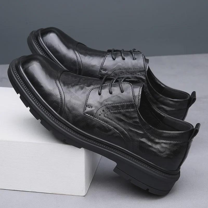Men's Genuine Leather Business Formal Derby Shoes, Breathable Round Toe Lace-Up for Wedding & Casual Wear.