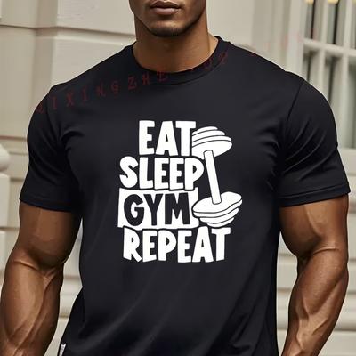 Heren Fitness Motivatie T-shirt Eet Slaap Train Gym Fietsen Print Ronde Hals Korte Mouw Casual Top