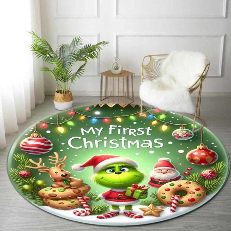 1pc Grinch Round carpet Painted Printed circular carpet, home door mat, outdoor travel protection carpet