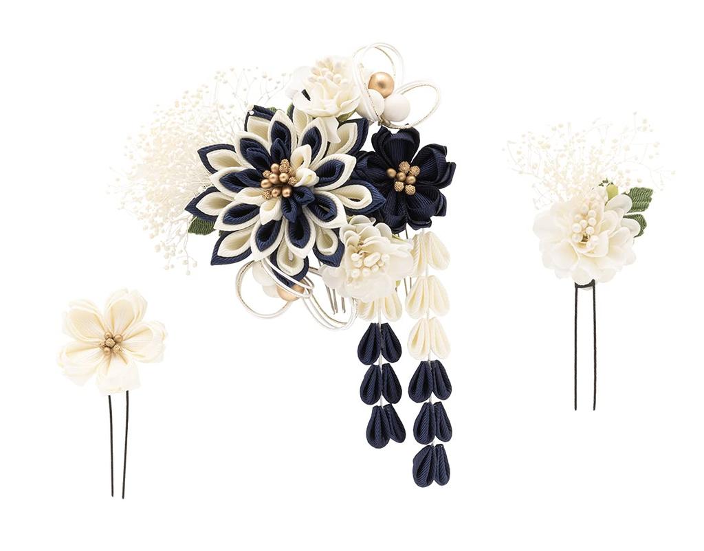 SOUBIEN Hair Dried Perfect for Furisode and and Small Blue Ornament, Coming-of-Age Ceremony, Flowers, Tsumami-Zaiku, Mizuhiki, 3-Piece Set,