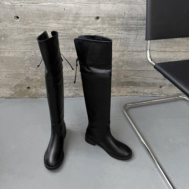 4CM European and American fashion simple knee boots 2025 autumn and winter new round head thick heel folded high knight boots women