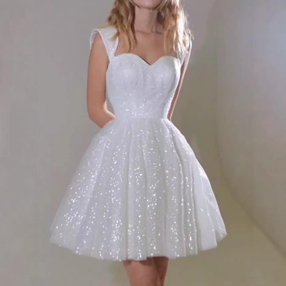 Sequin Sleeveless White A-Line Bandeau Prom