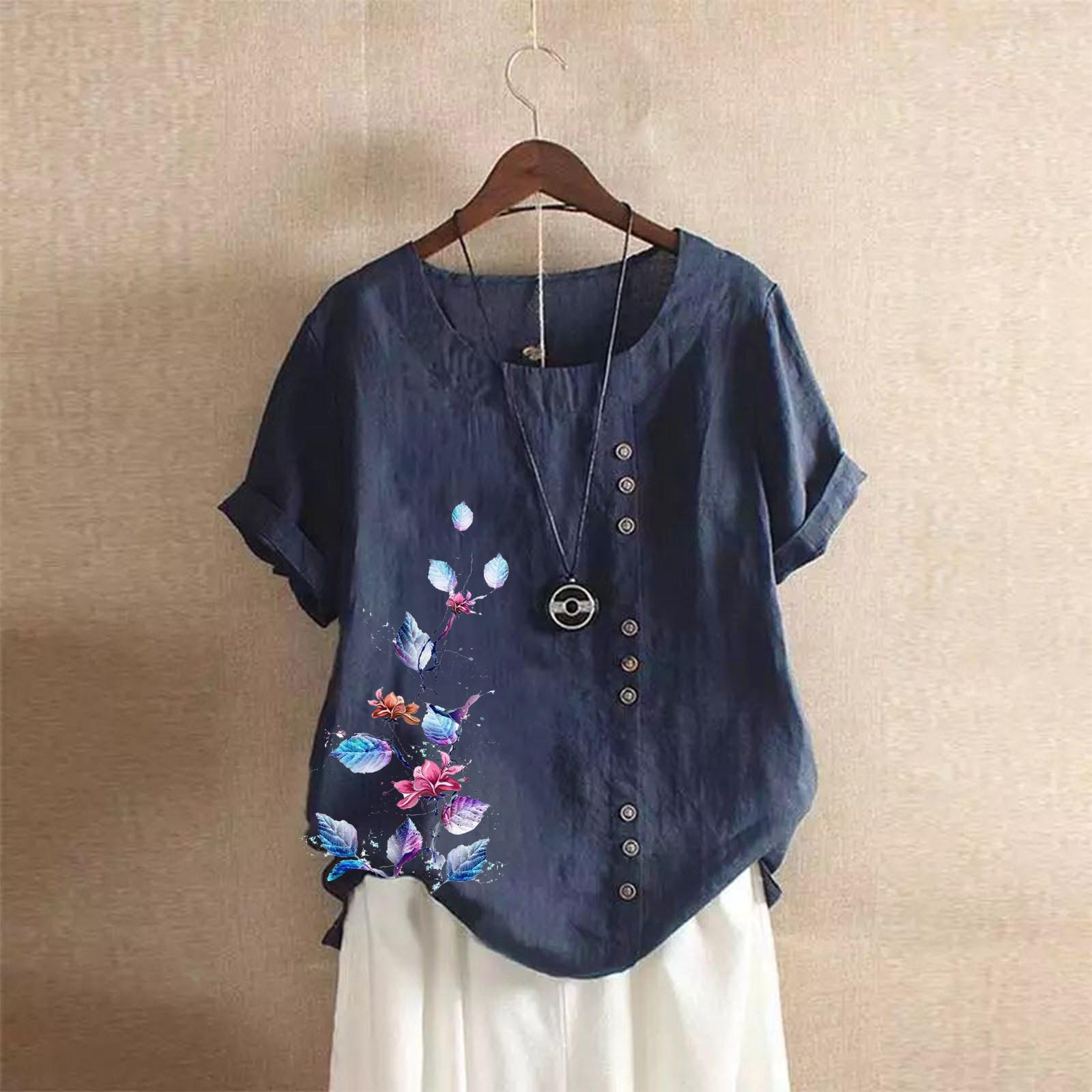 

Tshirts Shirts For Women, Womens Short Sleeve Tops Casual Summer Graphic Floral Printed Cotton Hemp Blouse Tunics XXL тёмно-синий