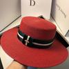 Elegante Cappello di Paglia a Tesa Piatta, Cappello Estivo da Donna Stile Britannico per Gite al Mare Protezione Solare Parasole