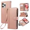 For iPhone 15 Pro Case Multi Card Slots Zipper Leather Phone Cover with Wrist Strap