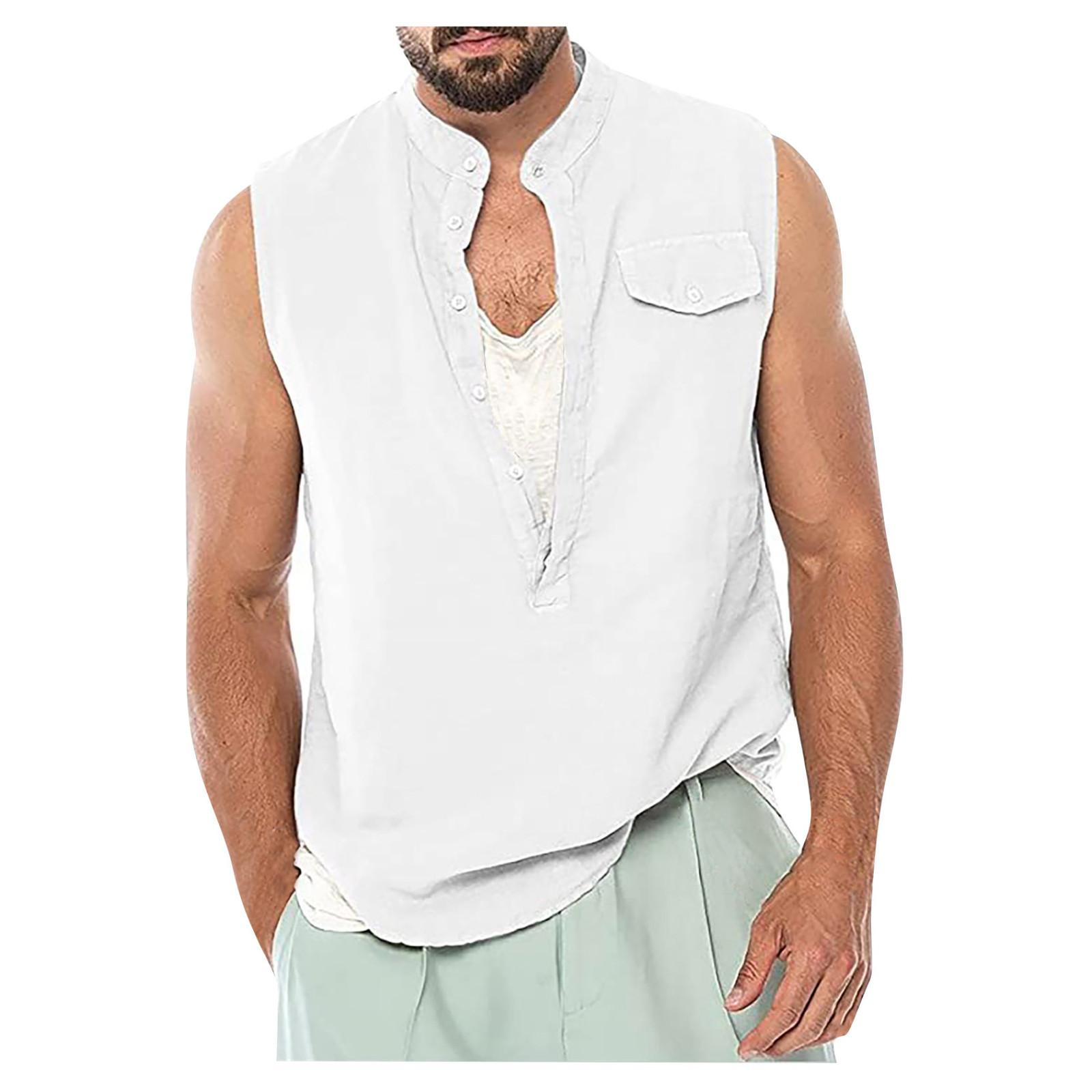 

(Куниде) Мужской хлопковый льняной камзол с воротником, свободный жилет без рукавов, свободная футболка на пуговицах, топ, толстовка для фитнеса XXL белый