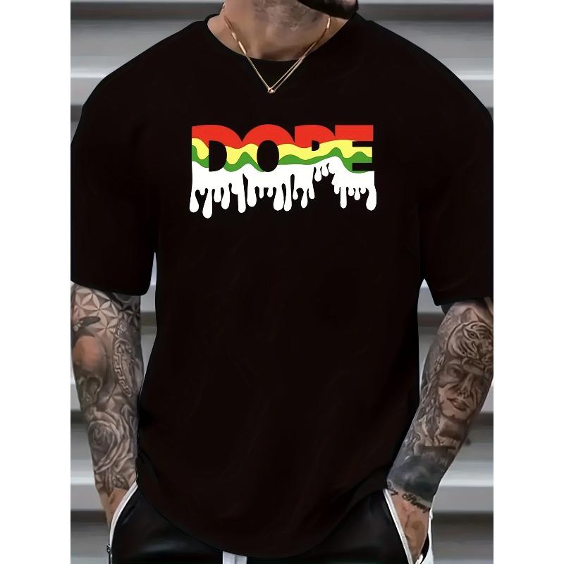 Plus Size, Dope Print, Men s Trendy Comfy T-shirt, Casual Stretchy Breathable Top For Summer, Men s Clothing 2XL чёрный