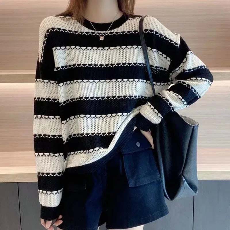 

Полосатый свитер с круглым вырезом, женский пуловер, свободный повседневный стиль, ажурный джемпер, нижняя рубашка, осенне-зимний трикотаж XL