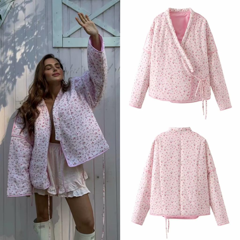 2026 Fashion Pink Sweet Women's Clothing Floral Strap Cotton Coat V-neck Cotton Jacket