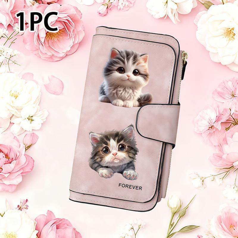 1PC Cute Cat Women's Long Wallet Multi-functional Wallet Portable Snap Button Coin Purse Ideal Gift for Cat Lovers Daily Commute Outdoor Travel Home