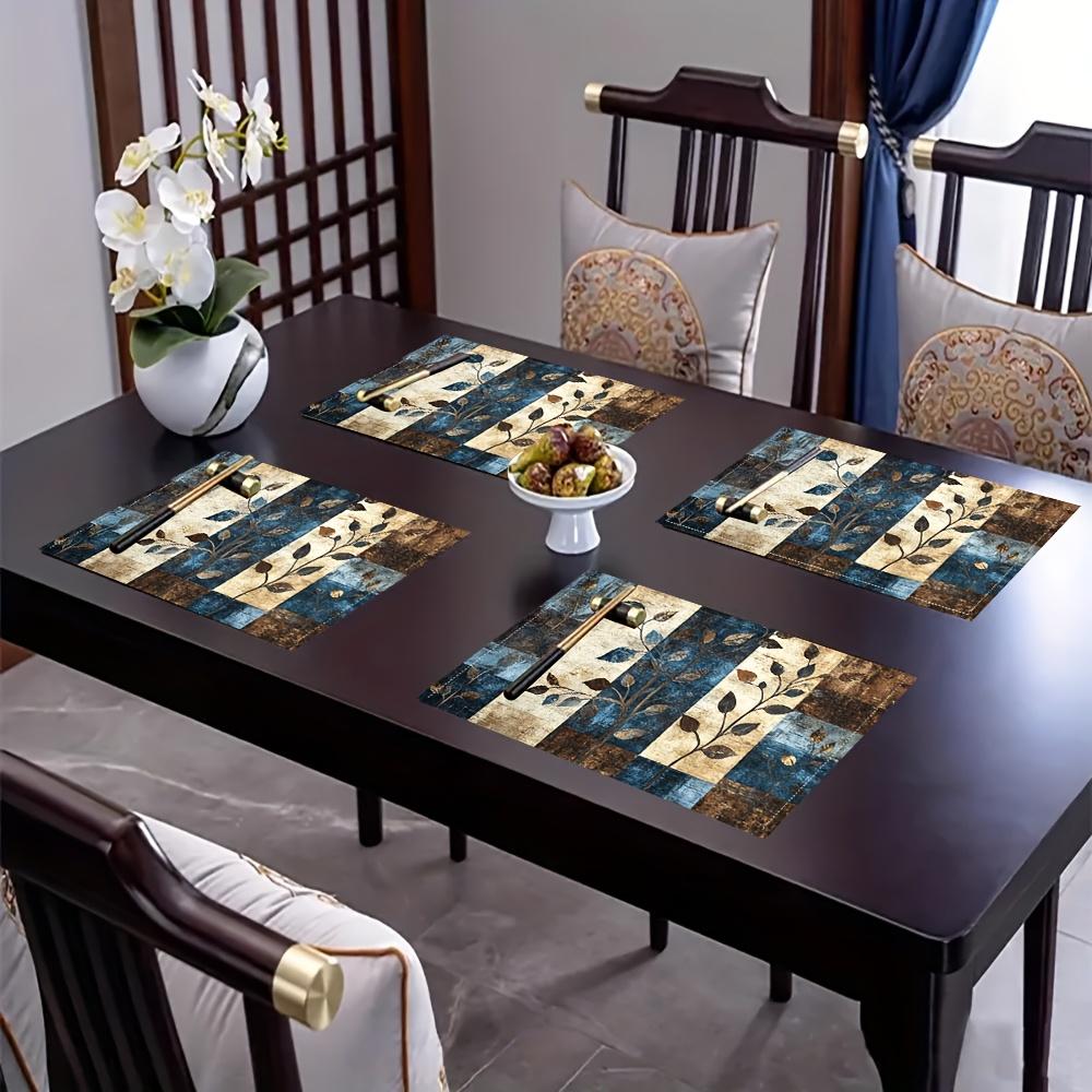 Set of 4 Placemats Featuring a Forest Patchwork Design in Blue, Brown, And Beige, Perfect for Dining Tables, Kitchens, Parties, Indoor Use, Holidays