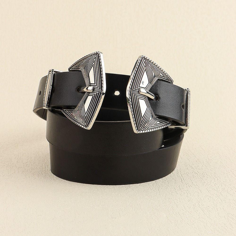 

Metal Double Buckle Belt PU Leather Waistband Fashion Elastic Belts Women