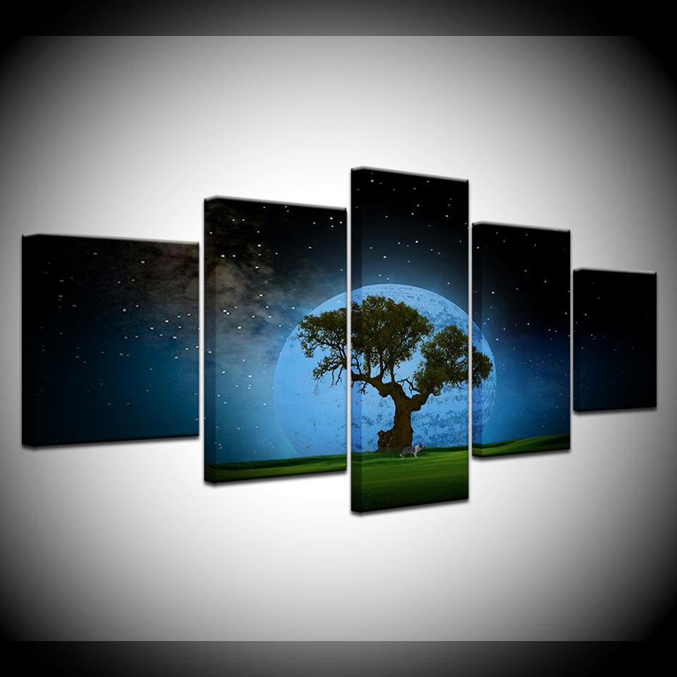 Canvas Painting Lucky Tree with Moon Star Sky Landscape 5 Pieces Wall Art Painting Modular Wallpapers Poster Print Home Decor