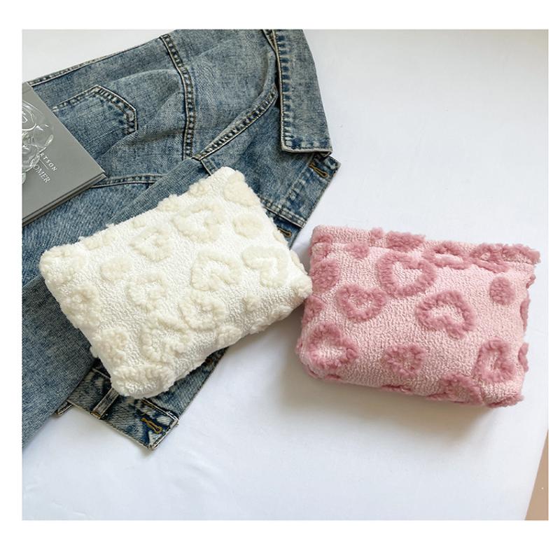 Plush Cute Love Makeup Bag Portable Skincare Product Lipstick Storage Bag Hand-Held Inner Bag Korean Brush Pencil Cases