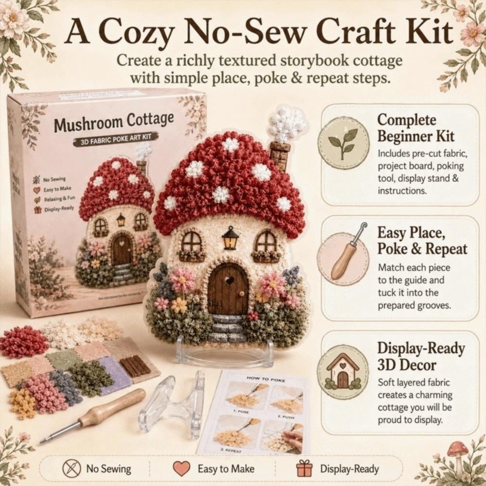 House Scene Poke Art Kit Mushroom Cottage Textile Art Kit DIY Needle Craft Desktop Display