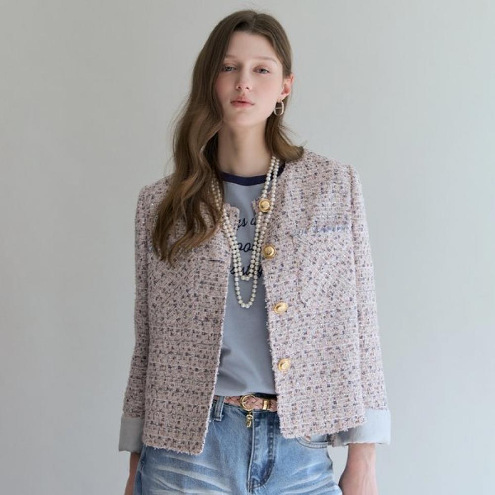 

Maxza Gold Button Sleeve Color Block No Collar Tweed Jacket Cf03qj302nh Pink/55