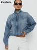 Giacca di Jeans Retro Americana Vintage con Collo Rialzato Cappotto Largo Lavato a Maniche Lunghe da Donna