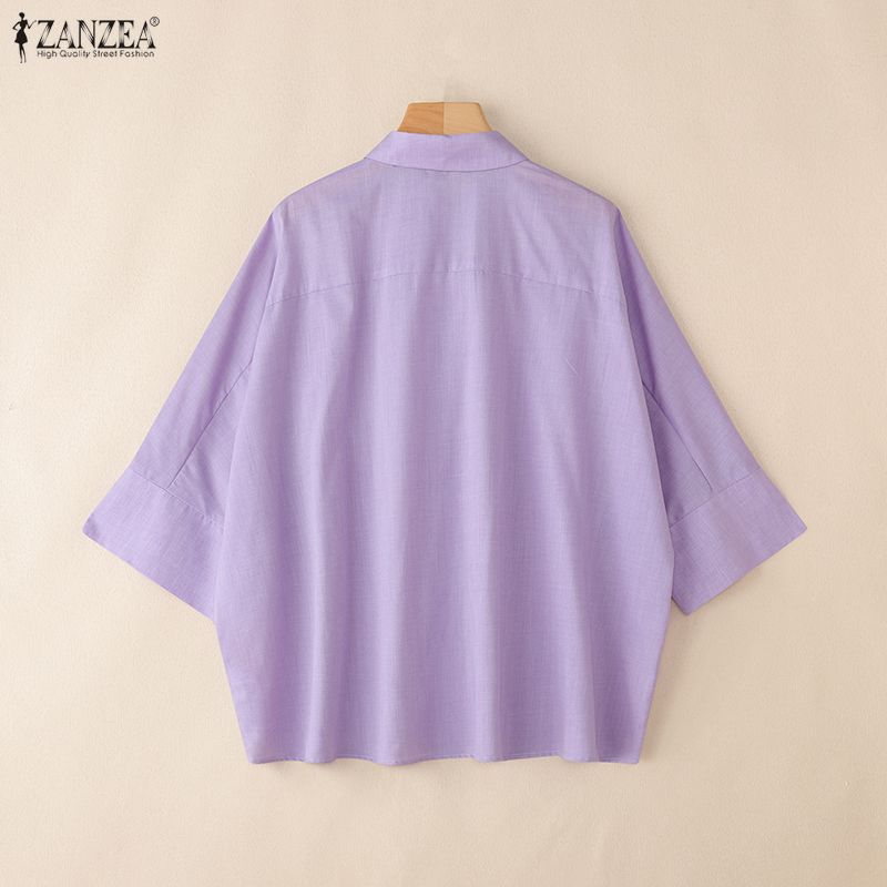 ZANZEA Women Casual Loose Lapel Collar 3/4 Batwing Sleeve Buttons Up Blouse