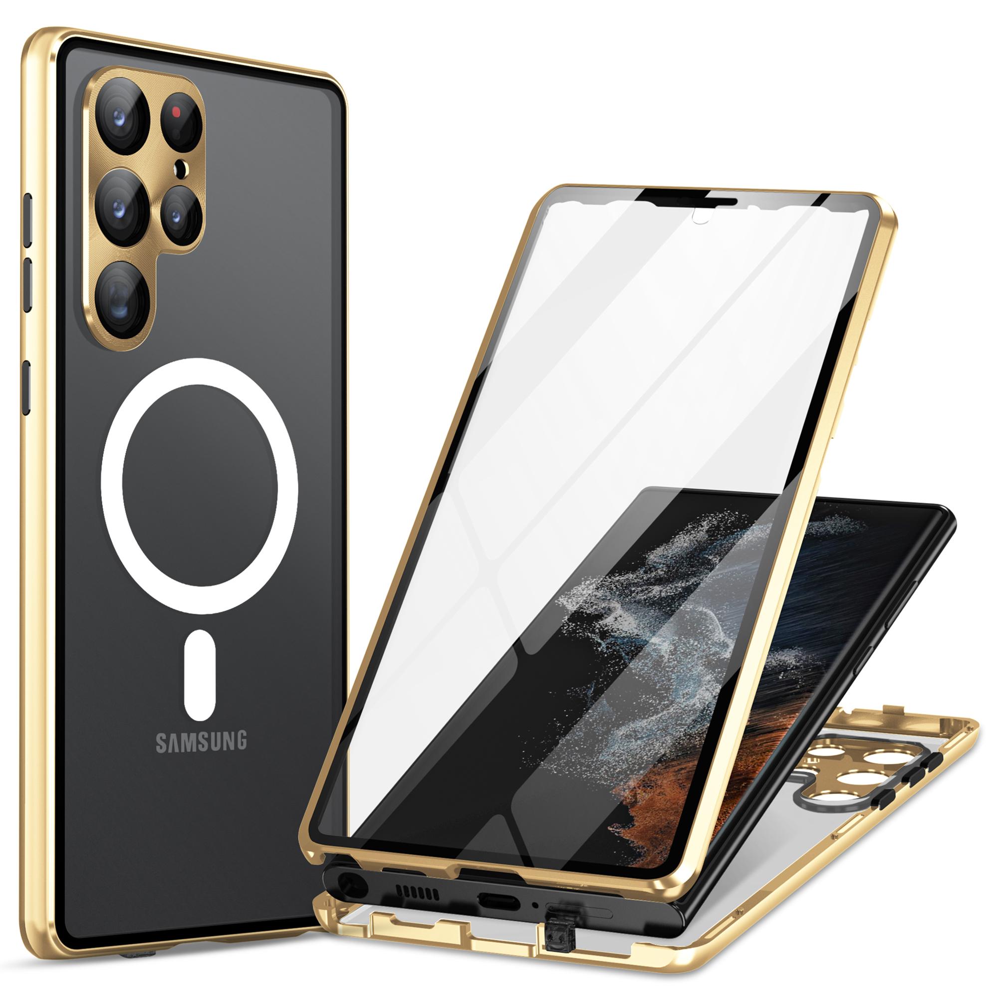 

For Samsung Galaxy S24 Ultra Magnetic Case Tempered Glass+Matte PC Metal Frame Cover Gold