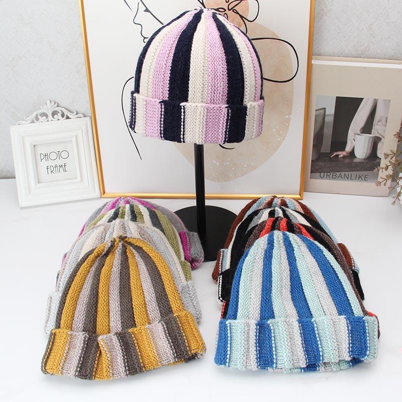 Retro contrasting striped knitted hat women's autumn and winter flanged cold hat versatile wool showing face small warm melon fur hat