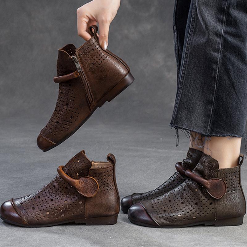 Johnature Echtes Leder, ausgehöhlte Stiefel, Retro-runde Zehenpartie, atmungsaktive Sandalen, vielseitige flache Damenschuhe