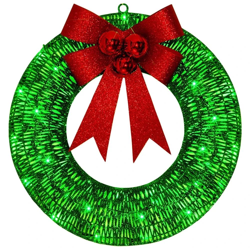 Metal Christmas Wreath Artificial Door Wreath Clear LED Lights Large Christmas Wreath with Warm Lights Christmas Wreath зелёный