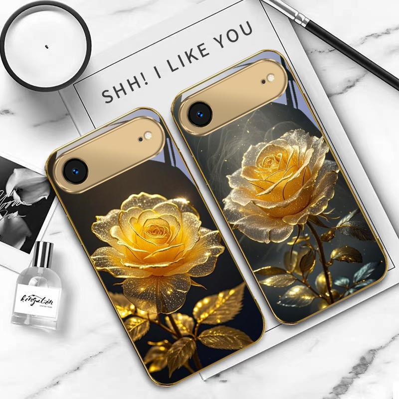 Elegant golden rose For IPhone 17Pro Max 16 17 Pro 15 Pro 14 13 Plus 12 Mini 11Pro Max XR 16E 17 Air Golden glass phone case