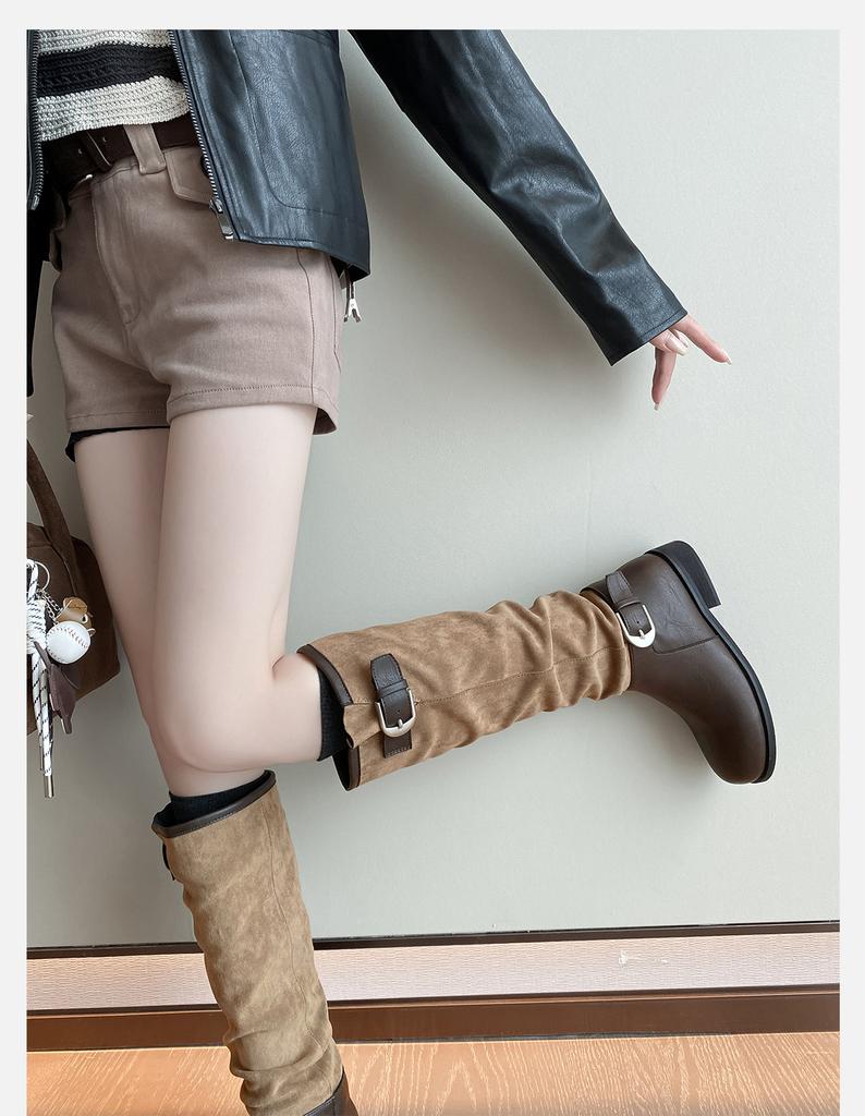 [Ruodan] Thick-soled British Style Belt Buckle Medium Tube Stack Boots Knight Boots Women's Retro Round Head Boots Women's