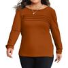 Women's Solid Color Round Neck Pleated Long Sleeved Plus Size Top