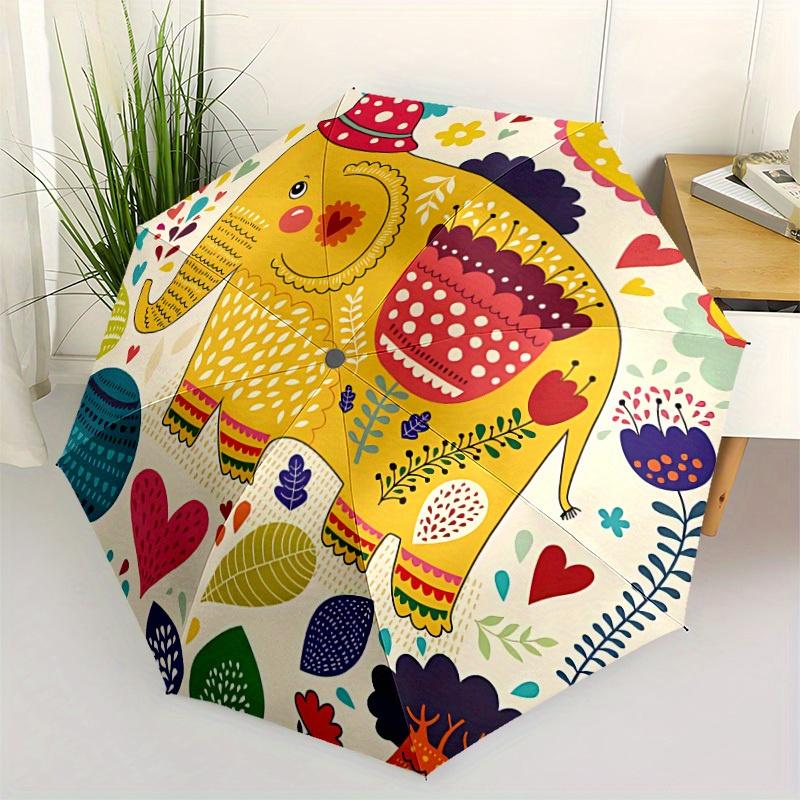 1pc Elephant Floral Auto Umbrella   Auto Open/Close Folding Umbrella with  8 Rib Frame, 3 Fold Compact Umbrella for Men & Women, 108