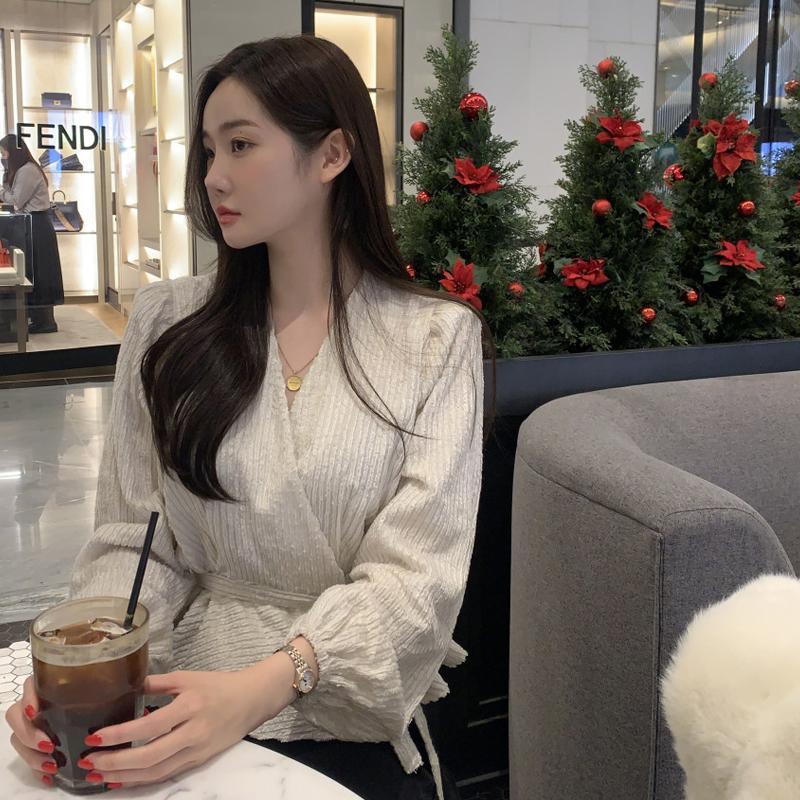 Chic Autumn/Winter Women's Waist-Gathering French Long Sleeve Shirt