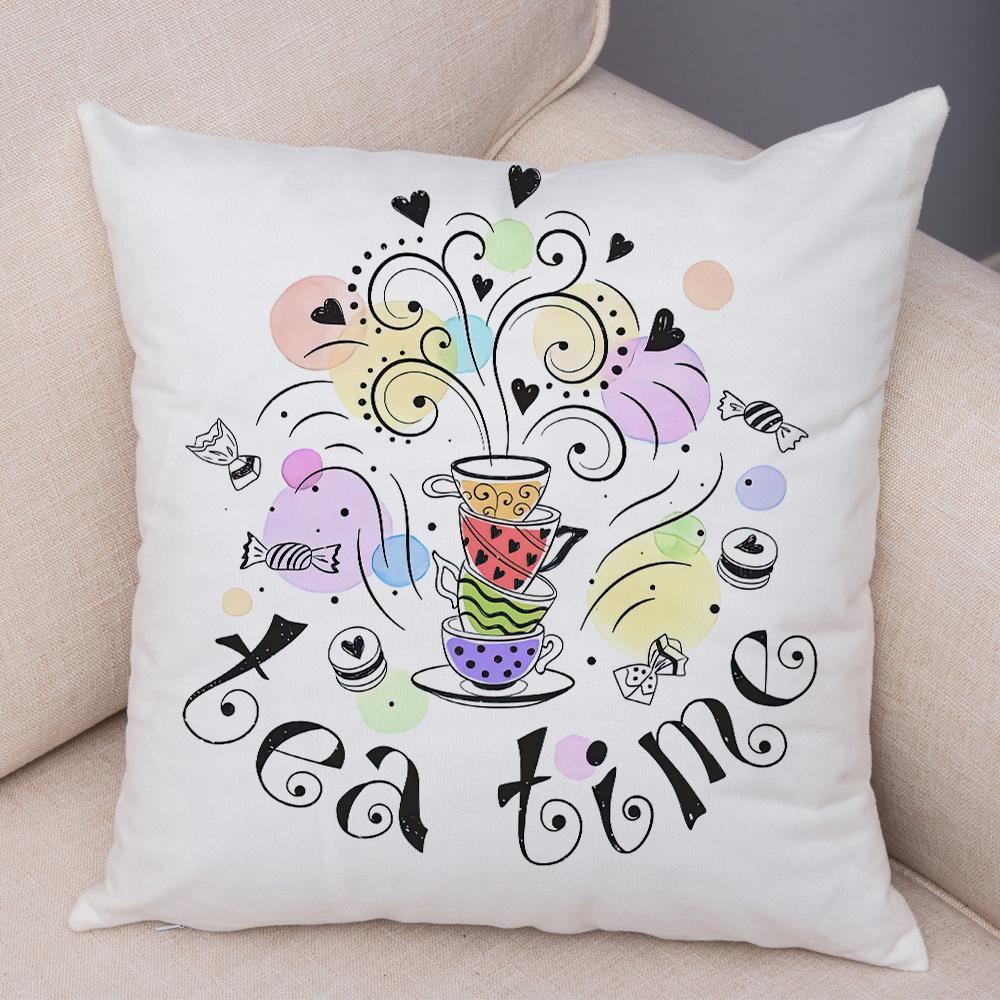 Coffee Time Cushion Cover Colorful Stacked Cup Design Polyester Bedroom Decor Throw Pillow Case