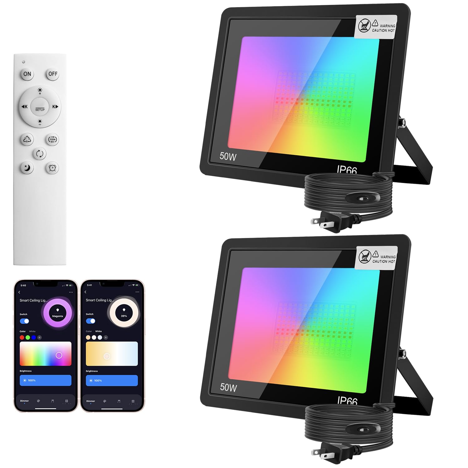 

[3rd Generation & Multiple Control with One Remote] Smart LED Floodlight, 50W, Compatible with Alexa and Google, 16 Million RGBCW Colors,