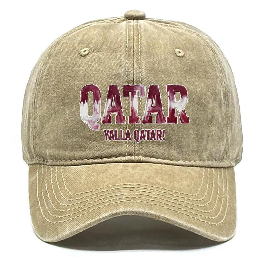 Snapback Baseball Cap With "QATAR" "YALLA QATAR" Flag Printed , Adjustable Baseball Hat Hip Hop Raw Brim Simple Fashion Sun Hat