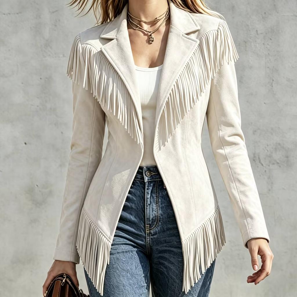 Women S Vintage Western Style Suede Fringe Long Sleeve Jacket