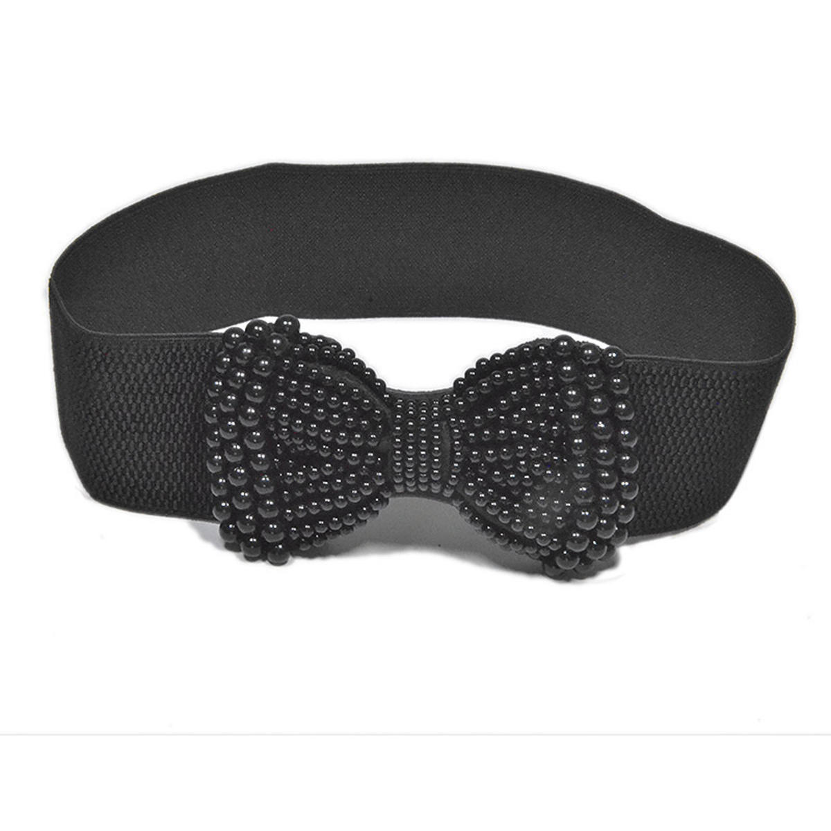 

Женский эластичный широкий пояс с жемчугом, закрывающий талию, универсальное украшение для платья, высококачественный широкий жемчужный пояс-бант one size чёрный