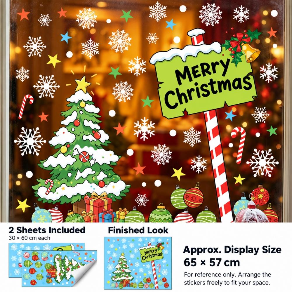 2Pcs 30X60cm PVC Christmas Window Cling Stickers, Snowflake, Christmas Tree and Ornament Decals for Glass Windows