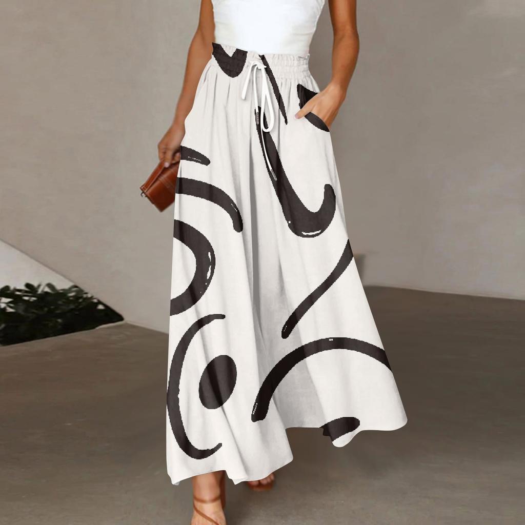 Women's Pants Boho Print Elastic High Waisted Pants Casual Wide Leg Long  Pant Trousers With Pocket