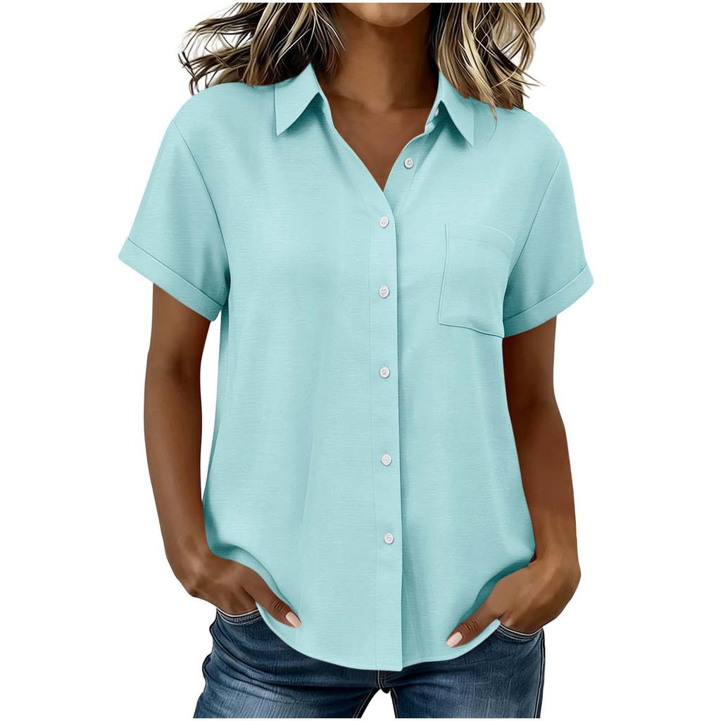Women's Casual Short Sleeve Button Down Shirt Relaxed Fit Lightweight Blouse with Collar and Front Pocket for Everyday Wear