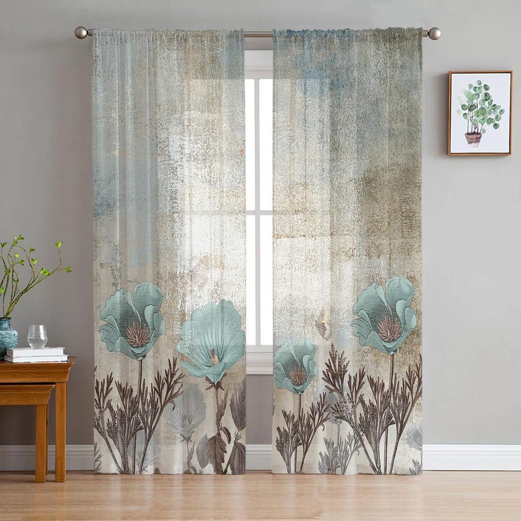 Flowers Tulips Translucent Drapes for Bedroom Space Living Room Decoration Window Opening Drape for Kitchen Area Tulle Voile Organza Drapes