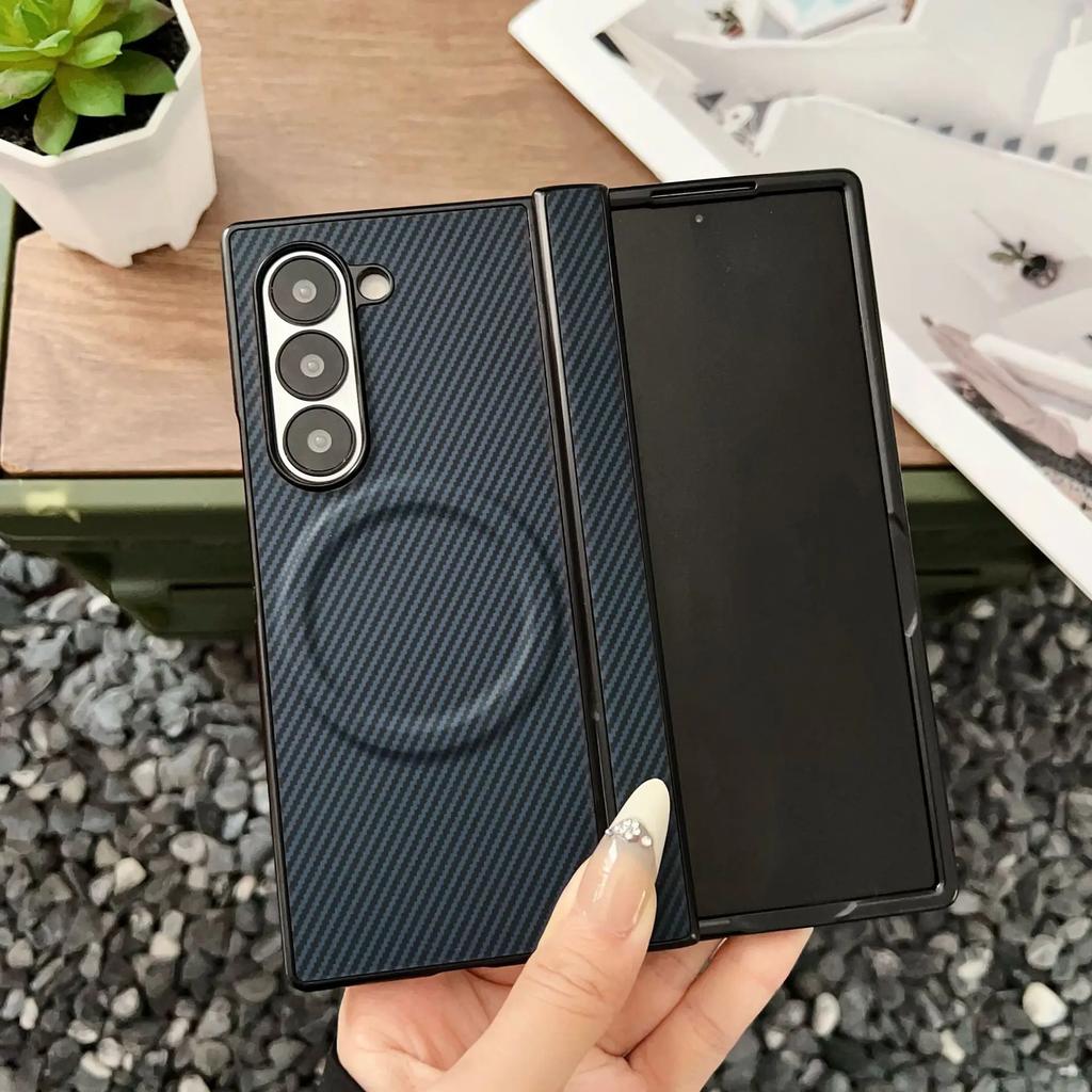 Carbon Fiber Leather Magnetic Phone Case for Samsung Galaxy Z Fold 7 6 5 4 3 Fold 7 Fold6 5G Hinge Protective Cover
