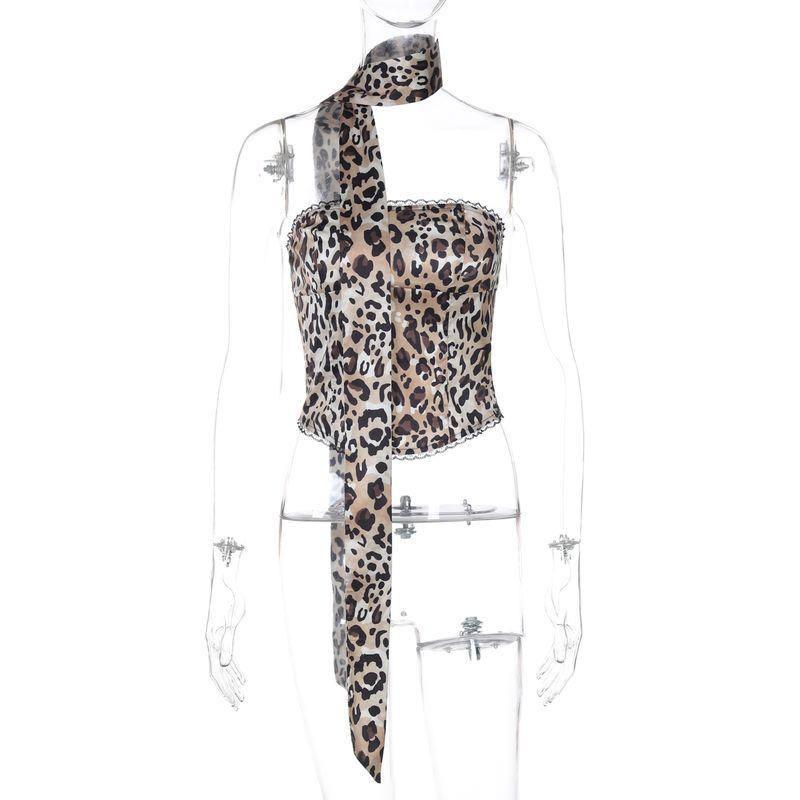 

Shemoda Fashion Style Sexy Leopard Print Print Lace Patchwork off-Shoulder Collar Tube Top Zipper Slim Fit Ribbon Tops Leopard print M