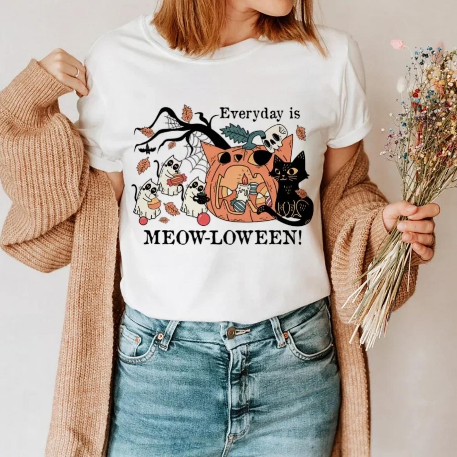 

Trendy Cute Casual Short Sleeved Cat Pumpkin Pattern T-Shirt Cartoon Top Women s Fashionable Printed Autumn Loose Style T-Shirt XXXXXL
