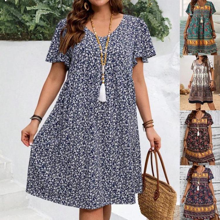 Floral Print Casual Dress for Women Short Sleeve Round Neck Mid Length Pullover