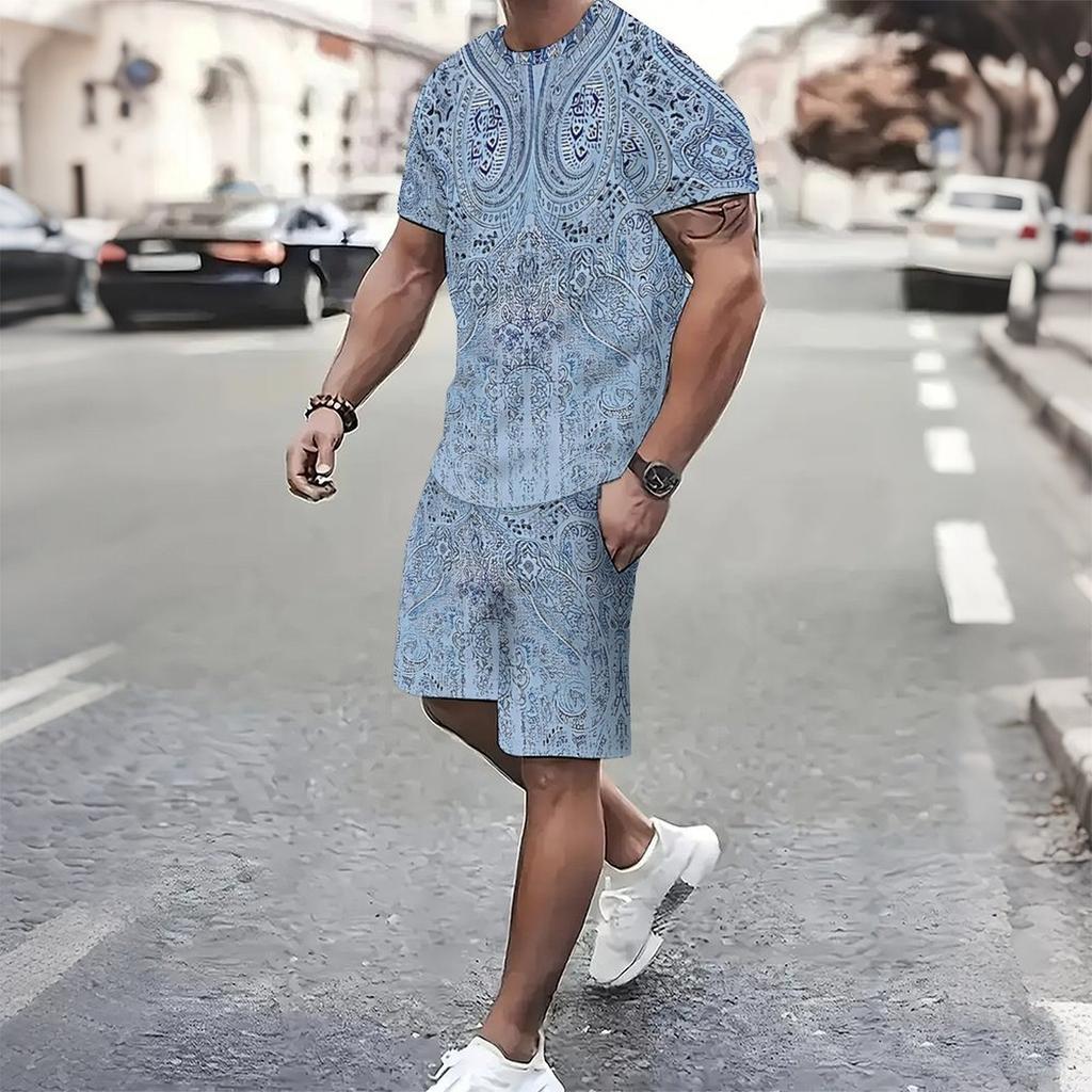 Men Vibrant Multicolor Vintage Paisley Print Short Sleeve Tee And Matching Shorts Two Piece Outfit